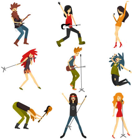 Set of Musicians. Young people play musical instruments and sing modern music. Vector Characters.のイラスト素材