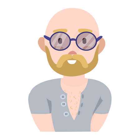Modern young man with a beard and round glasses in a gray T-shirt.のイラスト素材