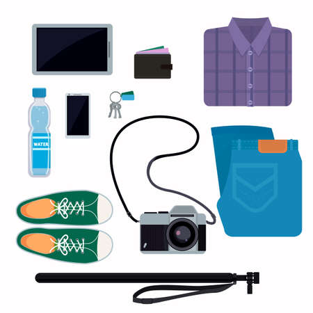 Things that people take with them on a trip jeans shoes purse camera shirt and other.のイラスト素材