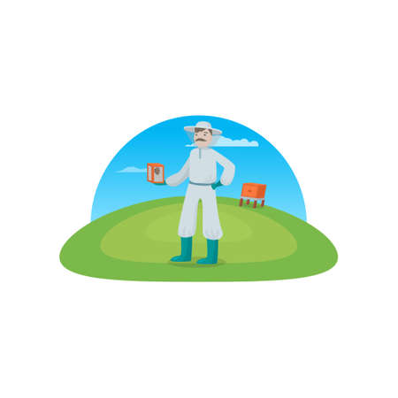 Beekeeper collects honey from bees in nature. A beekeeper in a protective suit against bees with a can of honey in the village. Vector illustration isolated on white background.のイラスト素材