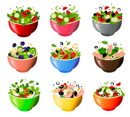 Green fresh salad of their various tasty vegetables in color bowls.のイラスト素材