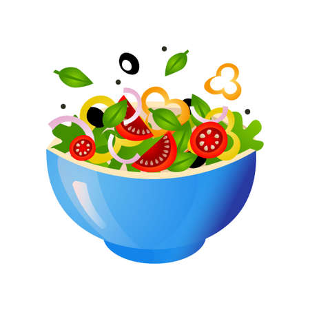 Green fresh salad of their various tasty vegetables in color bowls. Vector illustration isolated on white background.のイラスト素材