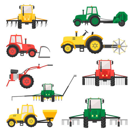 Agricultural harvesting vehicles set with tractor harvesting trailer.のイラスト素材