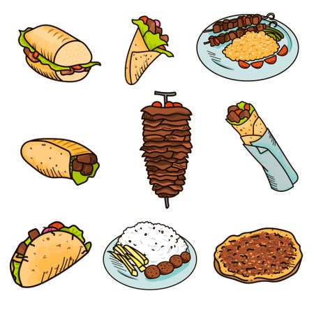 Most popular street kebab food wrapped in pita bread with vegetables and sauce.のイラスト素材