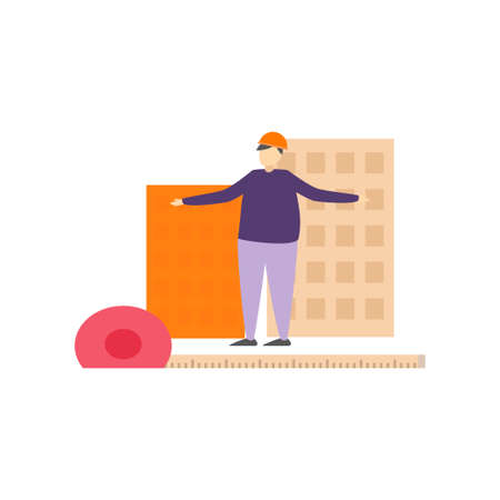 Builders in work clothes and protective helmets build houses, erect walls and roofs. Vector illustration isolated on white background.のイラスト素材