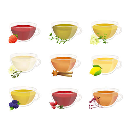 Natural fruit, herbal, black, green, Chinese tea with berries in cute cups of different shapes. Illustration isolated on white background.のイラスト素材