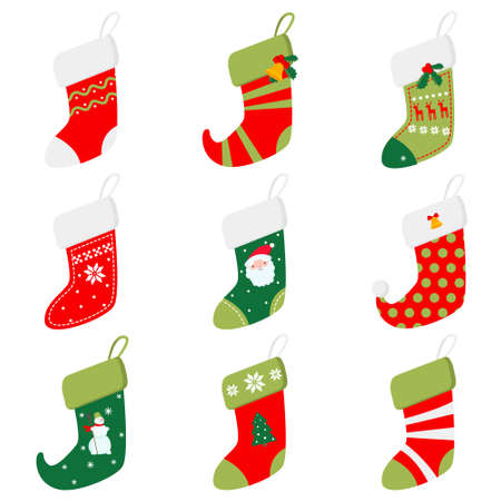 Set of different beautiful colored socks prepared for receiving gifts for the new year Illustration isolated on white background.のイラスト素材