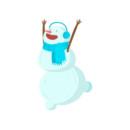 Funny funny snowman with a nose in the form of a carrot. Symbol of the year of the year. Vector illustration isolated on white background.のイラスト素材