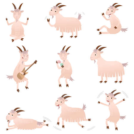 Set of different funny goats in different poses with positive emotions runs, jumps, rests and more. Vector illustration of different food products on white.のイラスト素材