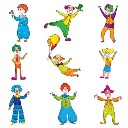 Set of funny characters clowns in beautiful colored clothes with different accessories for the circus. Clowns are having fun, laughing and doing different crazy things.のイラスト素材