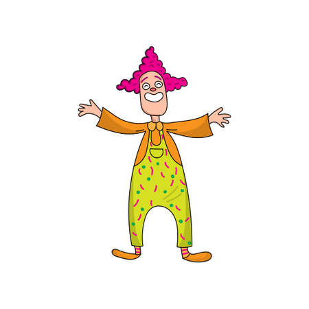 Funny clown in beautiful color clothes. Cute clown fun and entertains the audience. Vector illustration isolated on white background.のイラスト素材