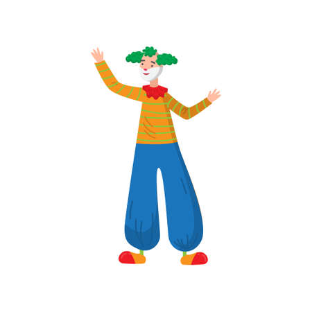 Funny clown in beautiful color clothes. Cute clown fun and entertains the audience. Vector illustration isolated on white background.のイラスト素材