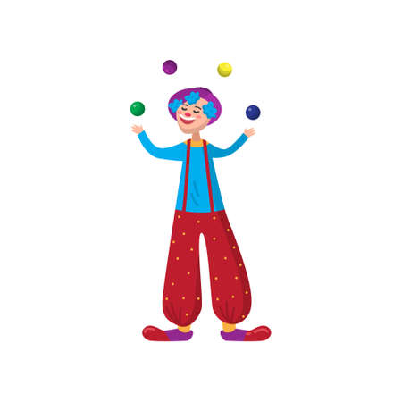 Funny clown in beautiful color clothes. Cute clown fun and entertains the audience. Vector illustration isolated on white background.のイラスト素材