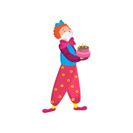 Funny clown in beautiful color clothes. Cute clown fun and entertains the audience. Vector illustration isolated on white background.のイラスト素材