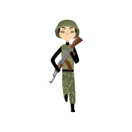 Military man in uniform, hard hat and combat paint trains skills in combat. Vector illustration isolated on white background.のイラスト素材