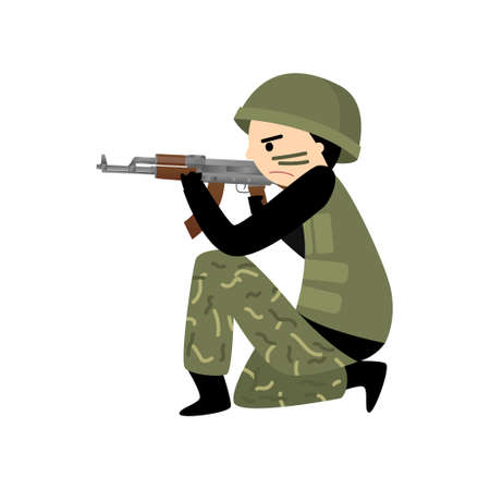 Military man in uniform, hard hat and combat paint trains skills in combat. Vector illustration isolated on white background.のイラスト素材
