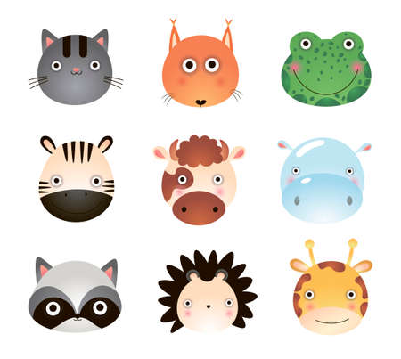 Cute cartoon animals, cat, fox, frog, giraffe, cow, hippo, zebra, raccoon Cartoon zoo of cute animals Vector illustration isolated on white backgroundのイラスト素材