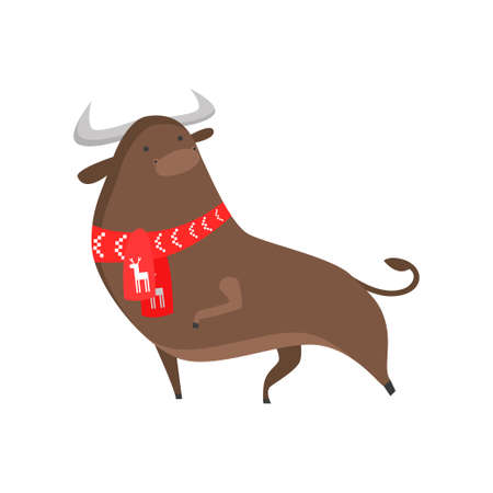 Cute good bull symbol of the new year. A bull in a fashionable New Year s scarf with big horns. Vector illustration isolated on white background.のイラスト素材