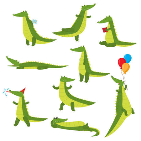 Set of fun green crocodiles occupying a pleasant pastime. Green alligator reads a book, flies on balloons, swims, dreams, eats and more. Illustration isolated on white background.のイラスト素材