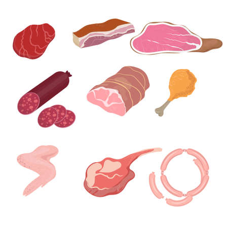 Set of different parts of meat products. Chicken, sausages, sausage, bacon and others. Vector illustration of different food products on white.のイラスト素材