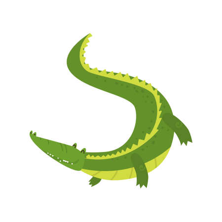 Young green cute cheerful crocodile spends his free time. Vector illustration isolated on white background.のイラスト素材
