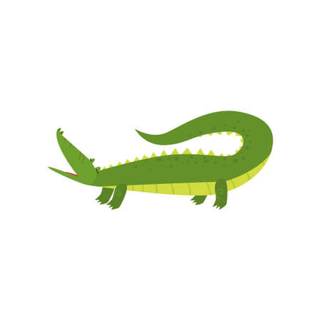 Young green cute cheerful crocodile spends his free time. Vector illustration isolated on white background.のイラスト素材