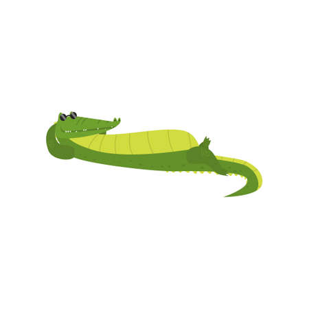 Young green cute cheerful crocodile spends his free time. Vector illustration isolated on white background.のイラスト素材