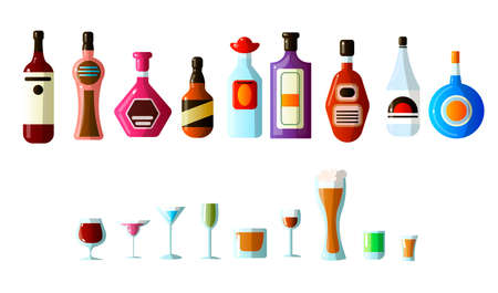ollection of different alcoholic beverages in bottles with glasses of different shapes. Vodka, champagne, wine, whiskey, beer, brandy, tequila, cognac, liqueur, vermouth, gin, rum, absinthe, sambuca, bourbon cider and others.のイラスト素材