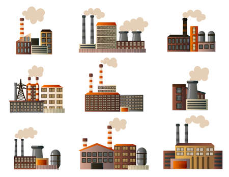 Set of buildings of an industrial manufactory. Different buildings of factories producing crude oil, gas and others. Vector illustration isolated on white background.のイラスト素材