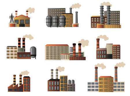 Set of buildings of an industrial manufactory. Different buildings of factories producing crude oil, gas and others. Vector illustration isolated on white background.のイラスト素材