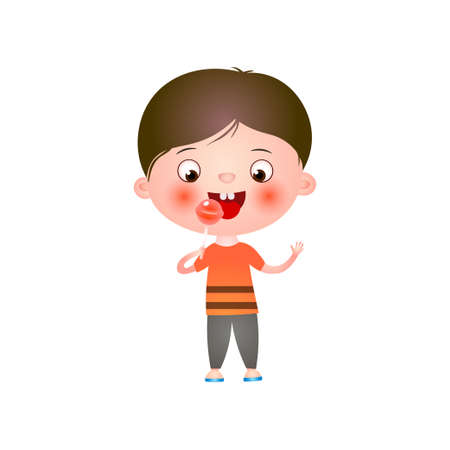 Funny cute little boy with funny haircut spends his free time having fun and playing. Vector illustration isolated on white background.のイラスト素材