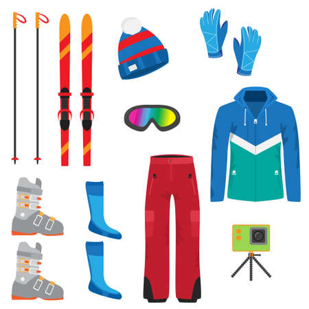 Set of winter accessories for extreme ski sport. Boots, skis, camera, helmet, pants, glasses, backpack. Vector illustration of different food products on white.のイラスト素材