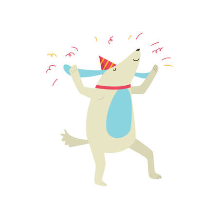 Honey cheerful orange dog is having fun and having a great time at a party. Vector illustration isolated on white background.のイラスト素材