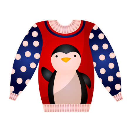 Beautiful cute christmas sweater with festive decorations. Knitted winter sweater. Vector illustration isolated on white background.のイラスト素材