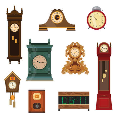 Set of vintage watches handmade from wood of different colors and shapes. Vector illustration of different food products on white.のイラスト素材