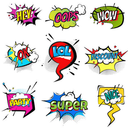 Set of stickers bubbles with text. Short messages in a color bubble.のイラスト素材