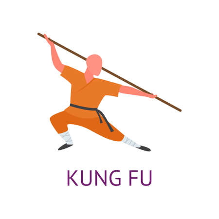 Athlete engaged in martial arts hones tricks and strokes. Practicing pain strokes. Vector illustration isolated on white background.のイラスト素材