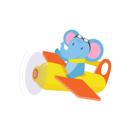 Cute cute animal elephant flies on a funny plane. Vector illustration isolated on white background.のイラスト素材