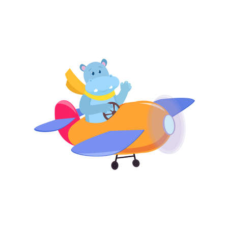 Cute cute animal hippopotamus flies on a funny plane. Vector illustration isolated on white background.のイラスト素材