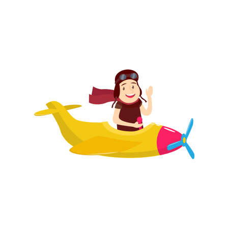 Funny young man diving in a beautiful little plane. Vector illustration isolated on white background.のイラスト素材