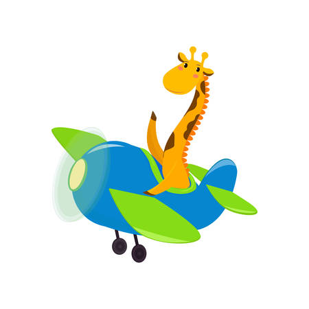Cute cute animal giraffe flies on a funny plane. Vector illustration isolated on white background.のイラスト素材