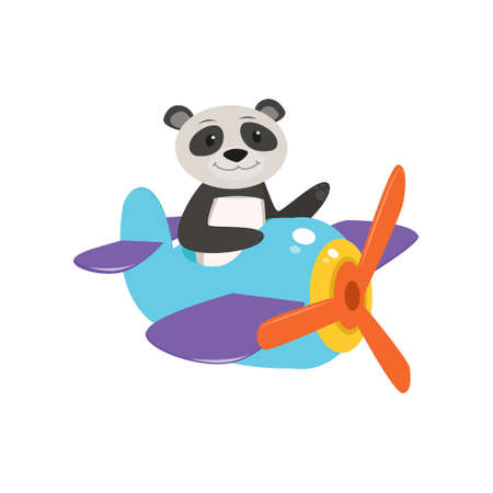Cute cute animal panda flies on a funny plane. Vector illustration isolated on white background.のイラスト素材