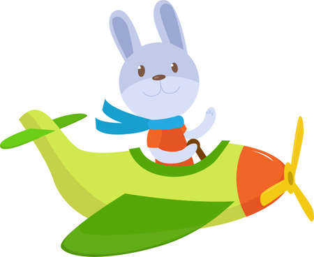 Cute cute animal hare flies on a funny plane. Vector illustration isolated on white background.のイラスト素材