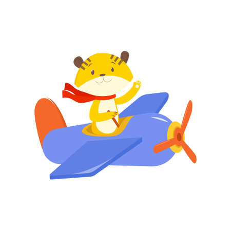 Cute cute animal tiger flies on a funny plane. Vector illustration isolated on white background.のイラスト素材