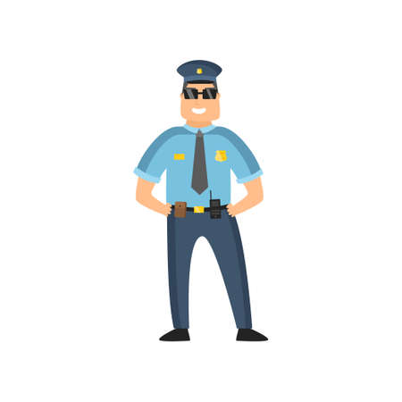 Policeman in blue uniform with a police badge in a cap and glasses performs his daily work...