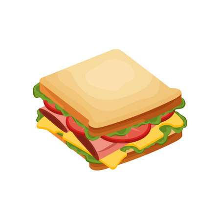 Delicious juicy sandwich with vegetables, cheese, meat, bacon, tomatoes and a crispy crust.のイラスト素材