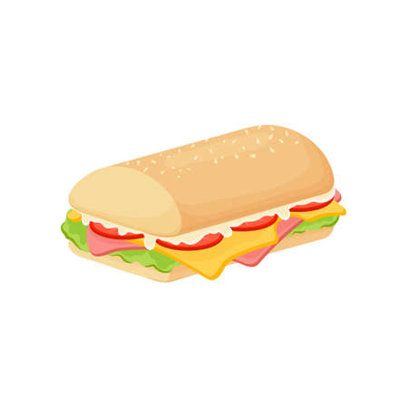 Delicious juicy sandwich with vegetables, cheese, meat, bacon, tomatoes and a crispy crust.のイラスト素材
