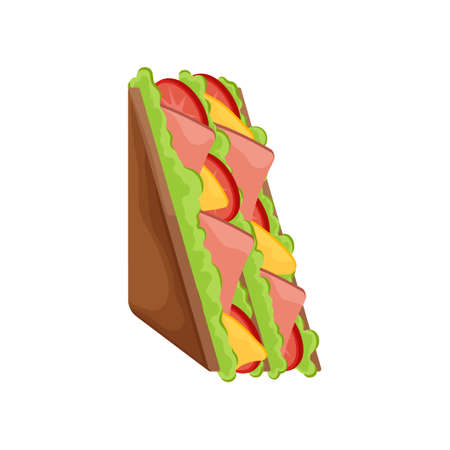 Delicious juicy sandwich with vegetables, cheese, meat, bacon, tomatoes and a crispy crust.のイラスト素材