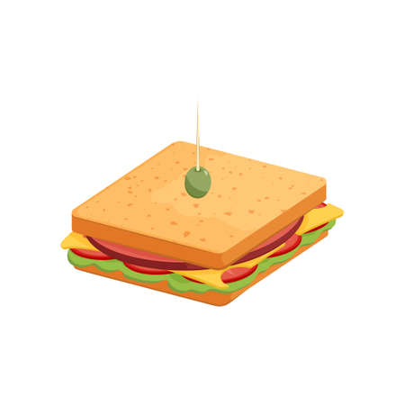Delicious juicy sandwich with vegetables, cheese, meat, bacon, tomatoes and a crispy crust.のイラスト素材