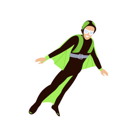 Skydiver engaged in a dangerous sport making jumps in the sky with a parachute. Extreme sport. Vector illustration isolated on white background.のイラスト素材